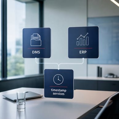 Swisscom System-Integrationsdiagramm mit DMS ERP und Timestamp Services